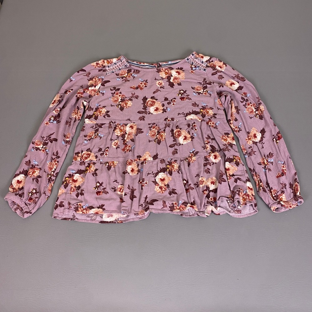 Knox Rose Blouse Women's Large Floral Peplum Top Dusty Rose Boho Tiered Babydoll